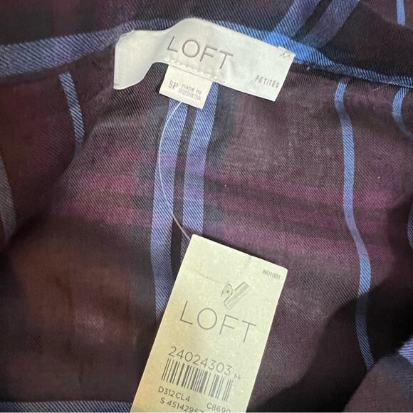 NWT Loft burgundy and blue plaid off the shoulder ruffle top Sz S petite - Picture 7 of 8